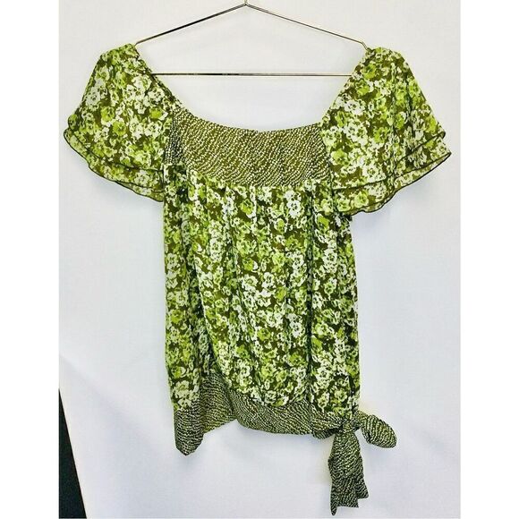 Apt. 9  Womens Green Chiffon Off The Shoulder Floral Top Blouse Medium - Picture 1 of 11